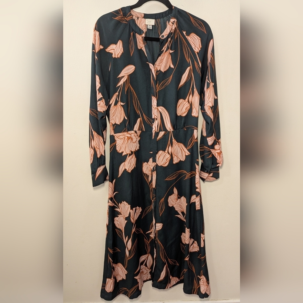 A New Day Floral Midi Dress Blue White Orange Long-Sleeve Women's Size M